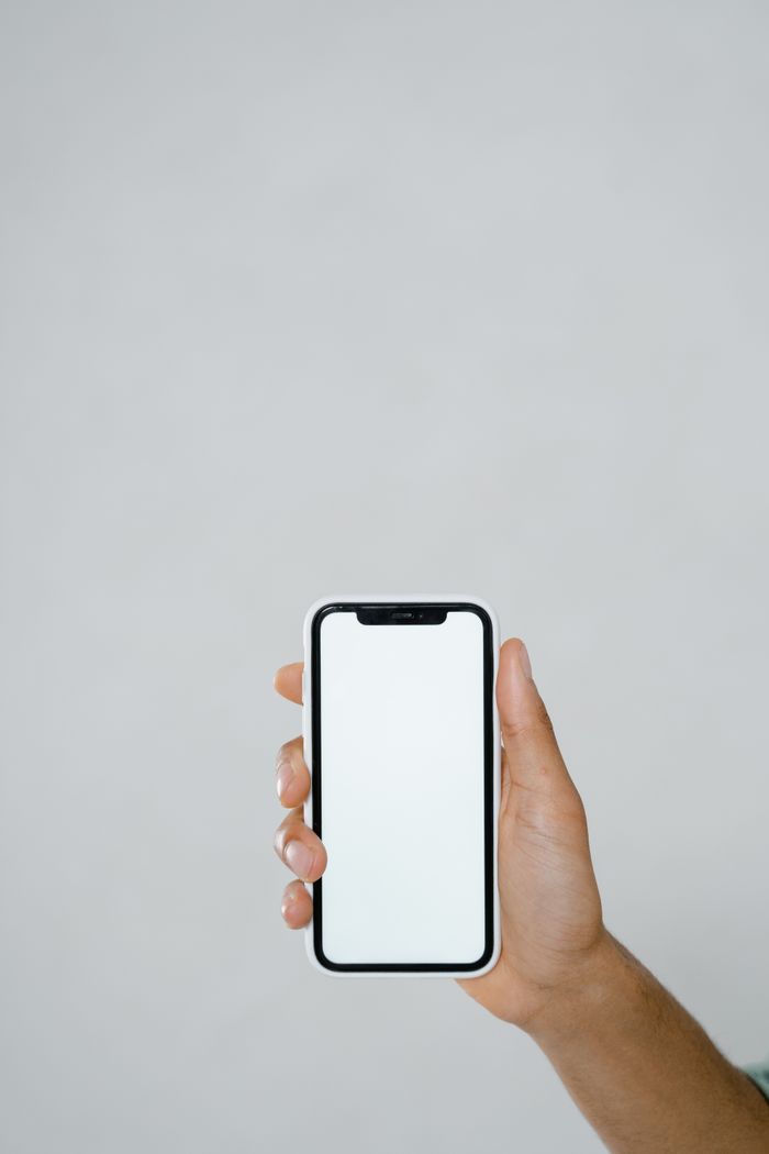 about-01 A hand holding a smartphone with a blank screen, offering extensive copyspace.